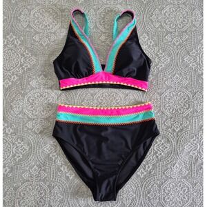 Popvil Women Neon Colorblock Embroidered High Waisted Bikini Set Black Medium